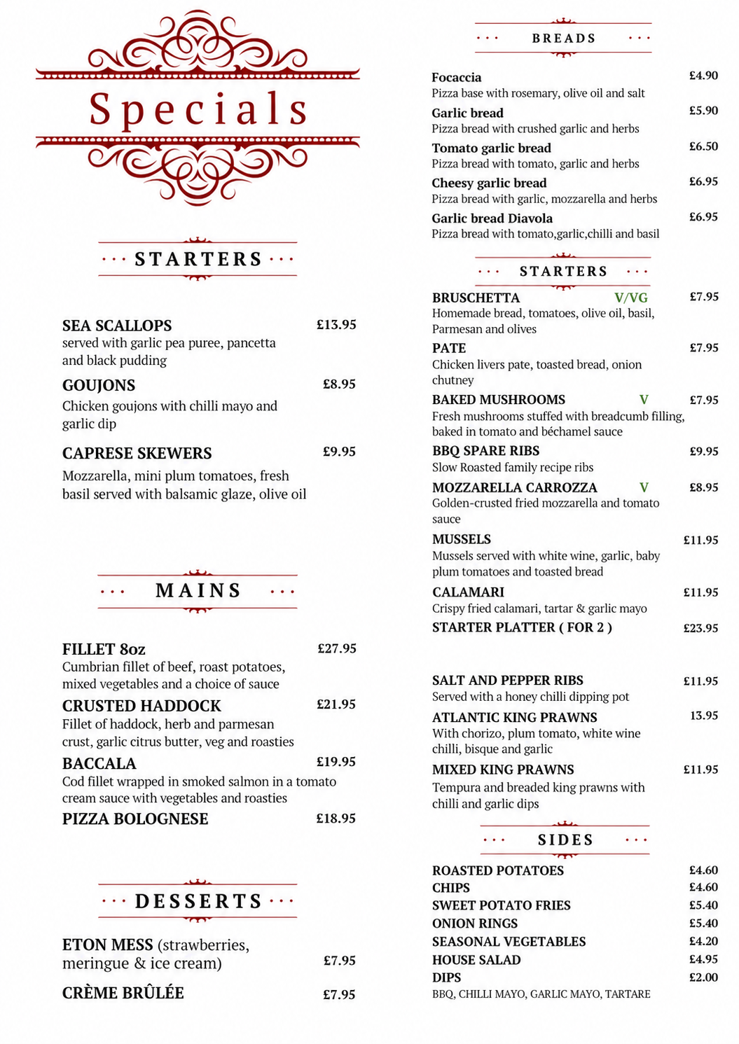 Specials & starters